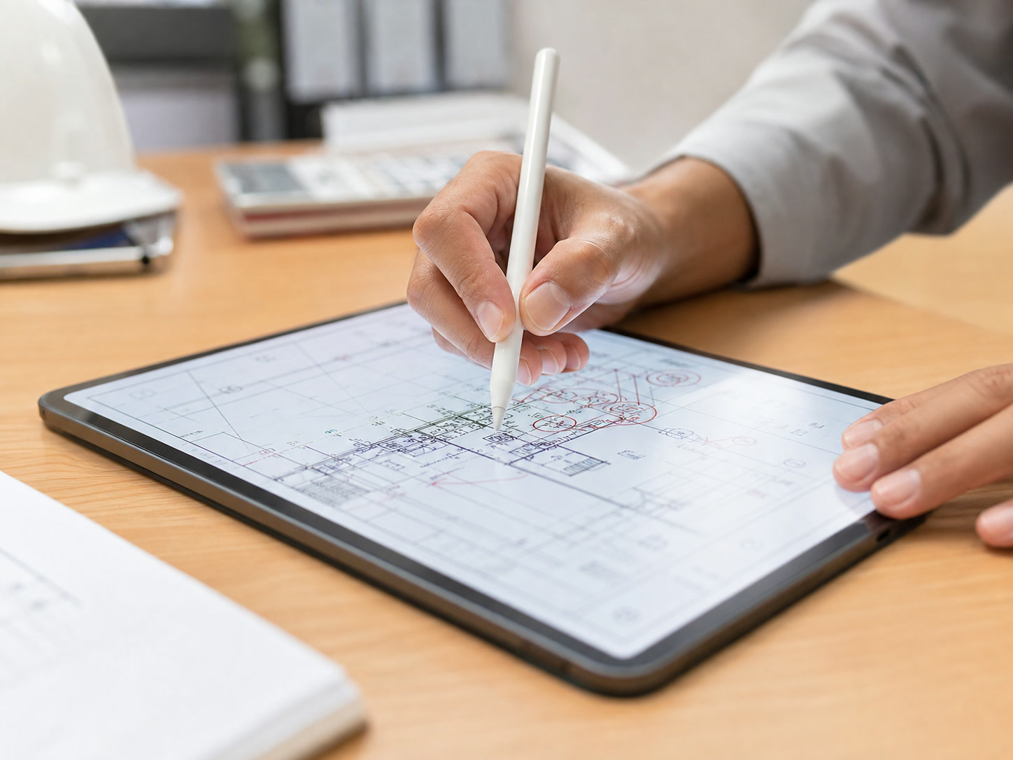 iPadとスタイラスで図面・請求書を編集する手元