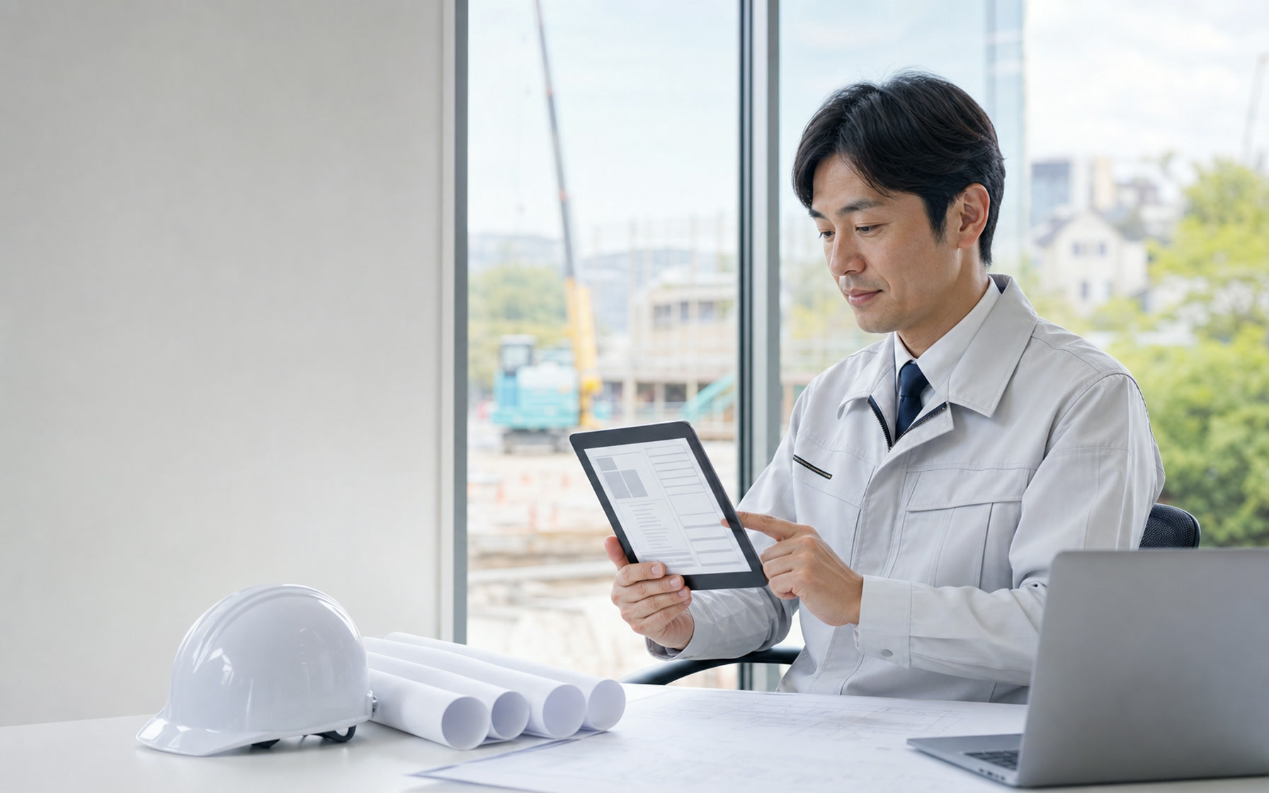 現場でiPadを使って図面・書類を確認する建設現場の担当者