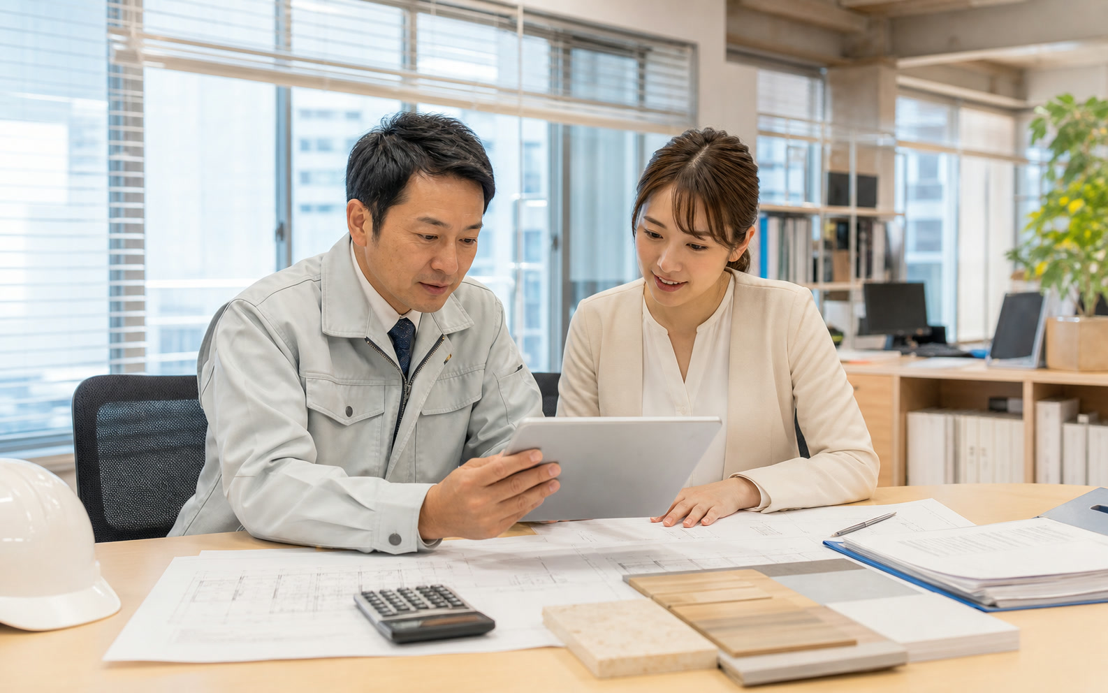 現場担当と事務スタッフがタブレットで見積を確認